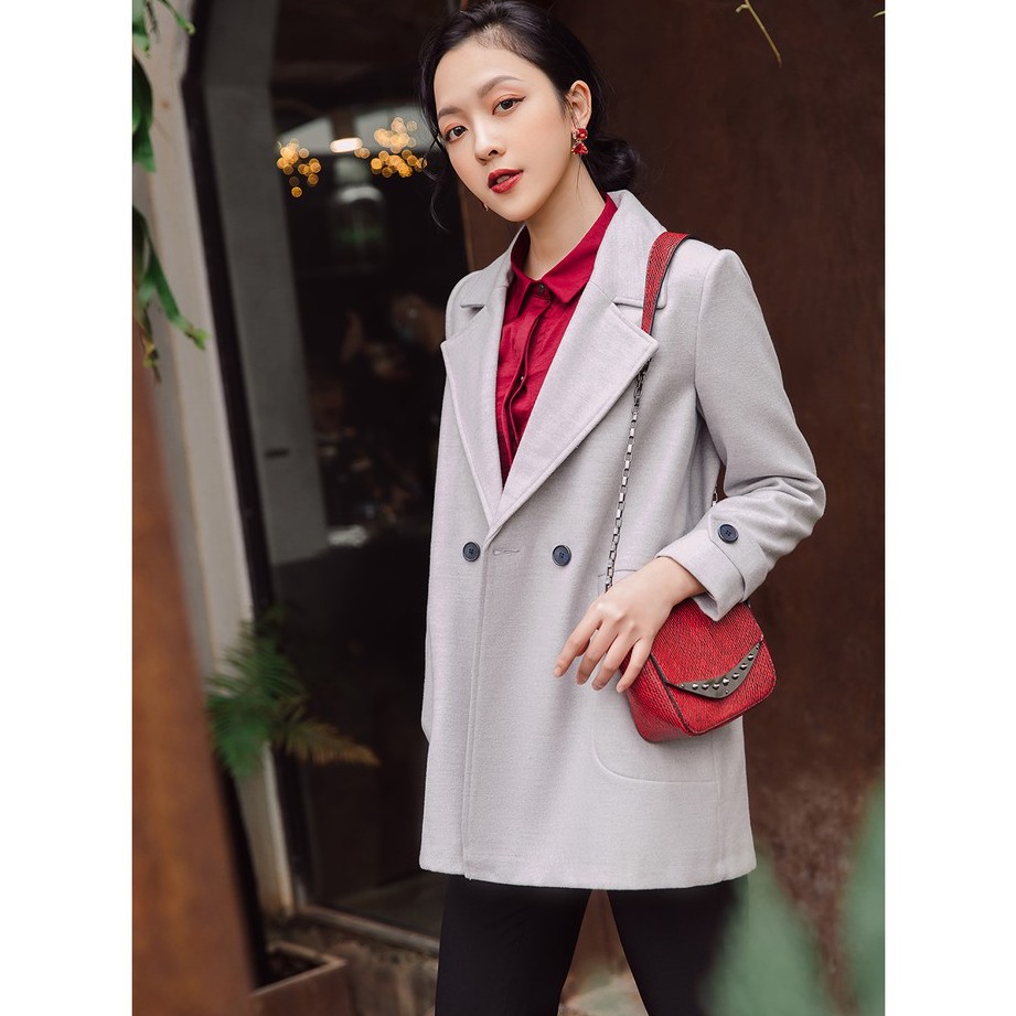 Áo khoác dạ cúc bấm 20AGAIN, dáng dài, cổ vest, dạ lì KDA1502