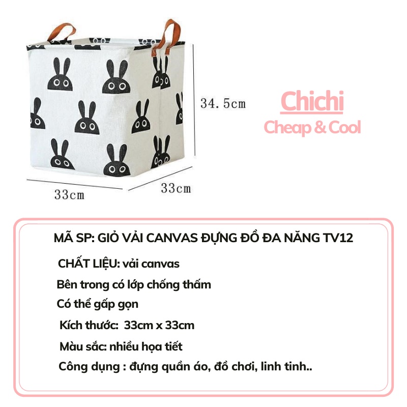 Giỏ đựng quần áo chăn màn đồ dơ túi vải canvas vuông gấp gọn đựng đồ đa năng ChiChi TV12