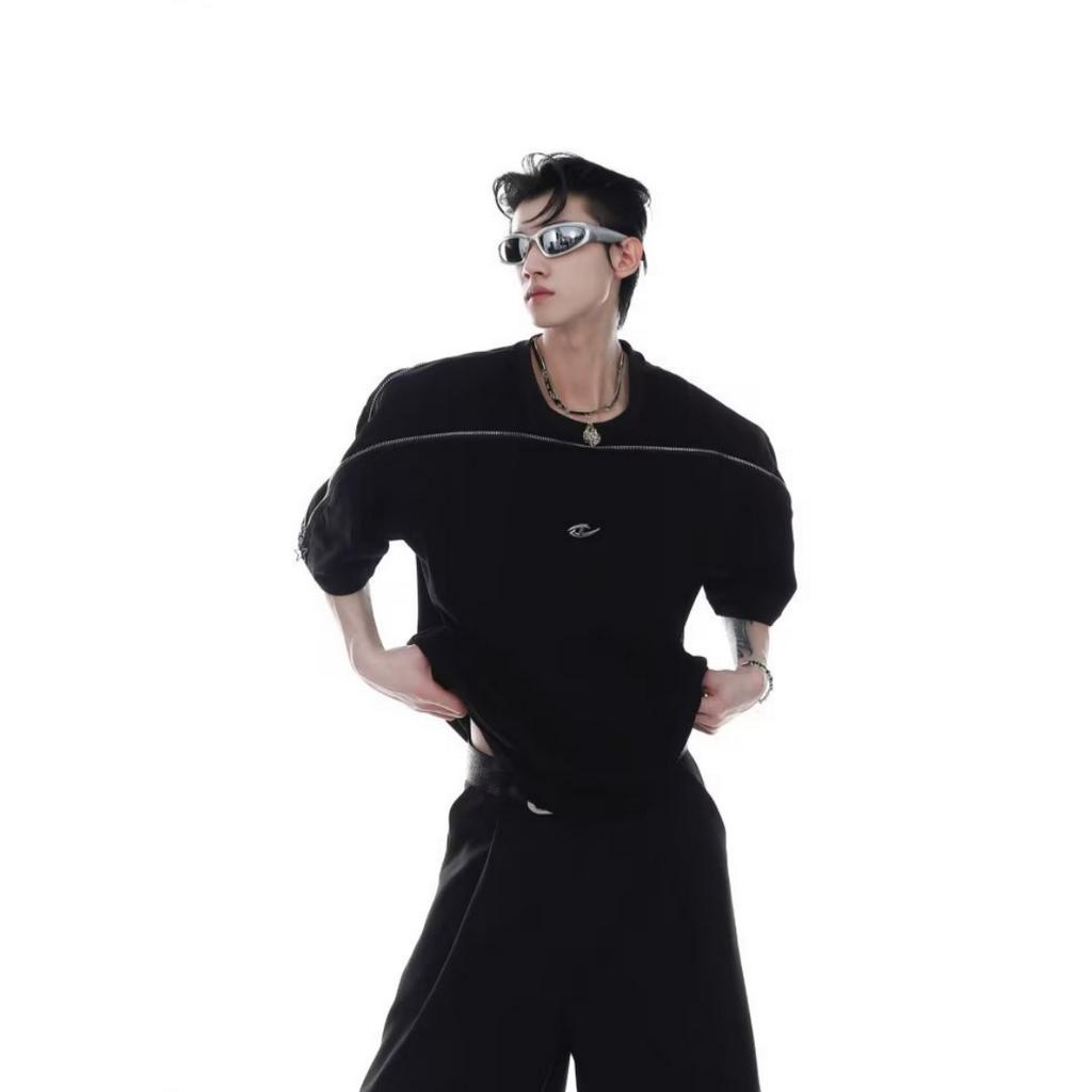 Áo Thun Trơn Màu Thiết Kế Khóa Kéo Kim Loại Thời Trang hip hop Hàn Quốc Trẻ Trung Cho Nam