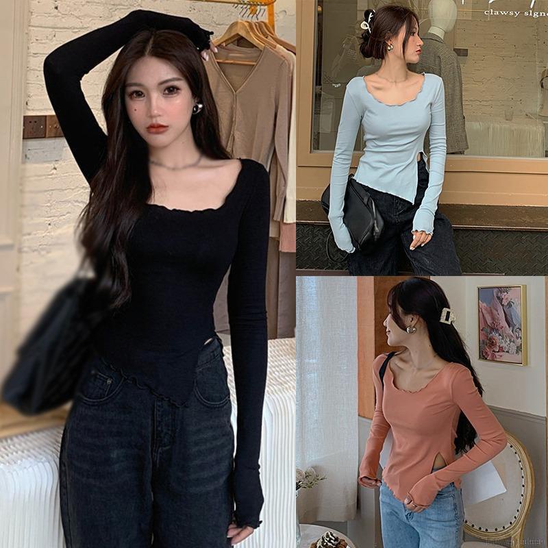 Áo thun dài tay cổ vuông thiết kế xẻ tà quyến rũ thời trang