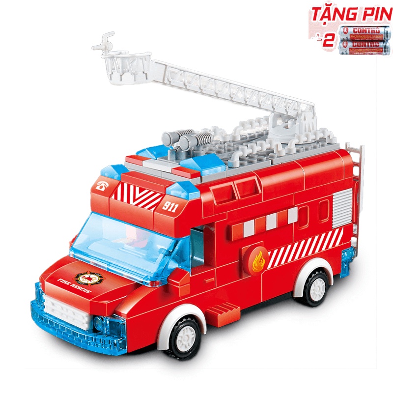 Đồ chơi lego xe cứu hoả lắp ráp tự di chuyển có đèn/Tặng Pin AA