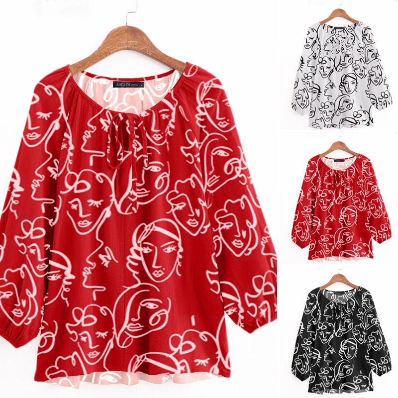 Áo Kiểu ZANZEA Tay Lửng 3/4 Cổ Tròn Cột Dây In Họa Tiết Mặt Cho Nữ