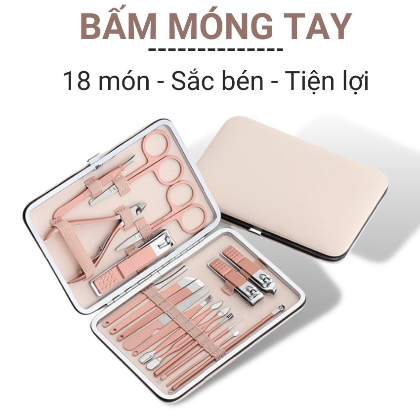 Bộ dụng cụ cắt móng tay 18 món bằng thép không gỉ bộ bấm móng tay đa năng kèm hộp hồng bằng da siêu xinh Angola