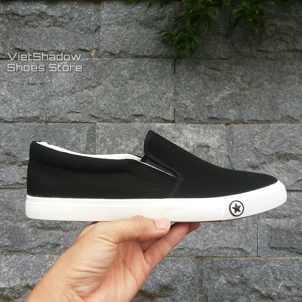 Slip on nam nữ | Giày lười vải &quot;Little Star&quot; - Vải thô màu trắng full và đen đế trắng - Mã SP: A511/B128