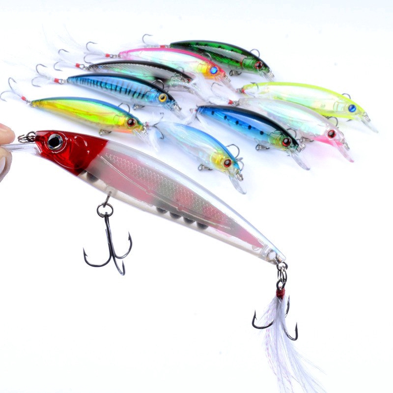 Bộ 10 mồi câu cá giả gắn lông vũ kích thước 11cm/13.4g