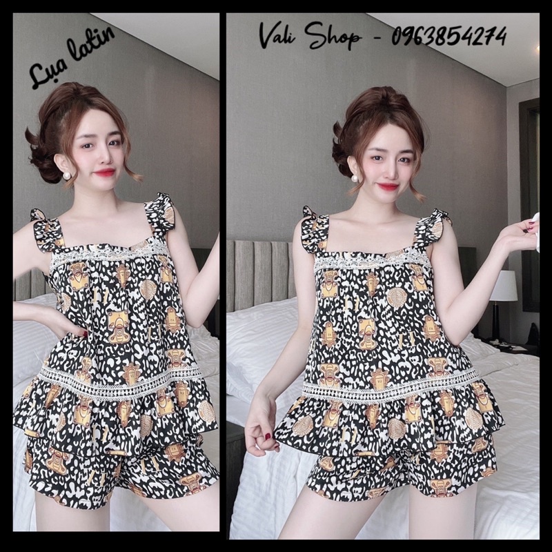 Bộ ngủ mặc nhà lụa latin tay cánh tiên nhí hoạ tiết dễ thương