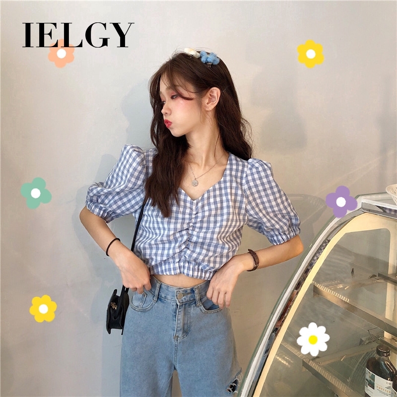 IELGY   Áo Cổ Chữ V Tay Phồng Họa Tiết Kẻ Sọc