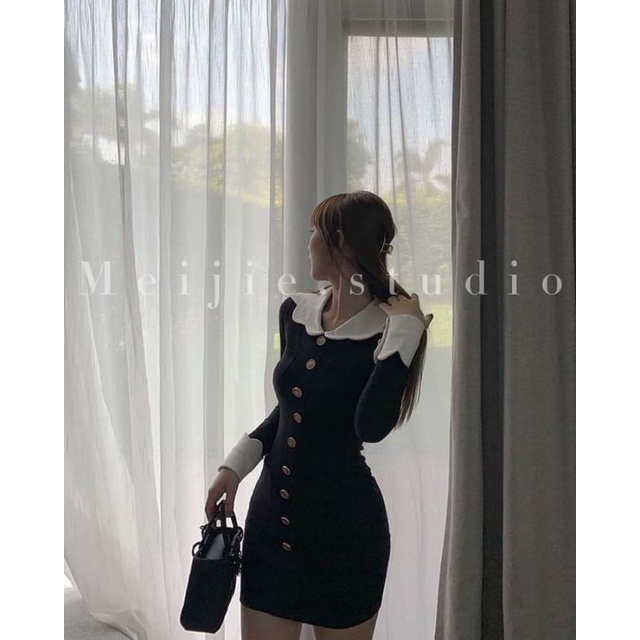 ✨💕Đầm body tay dài đính nút cổ thiết kế cách điệu💕