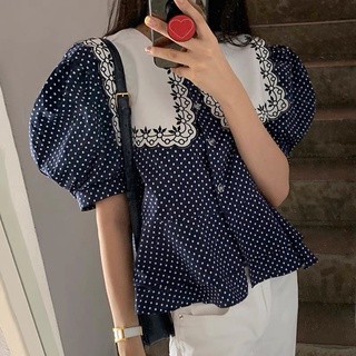 Áo peplum chấm bi xanh
