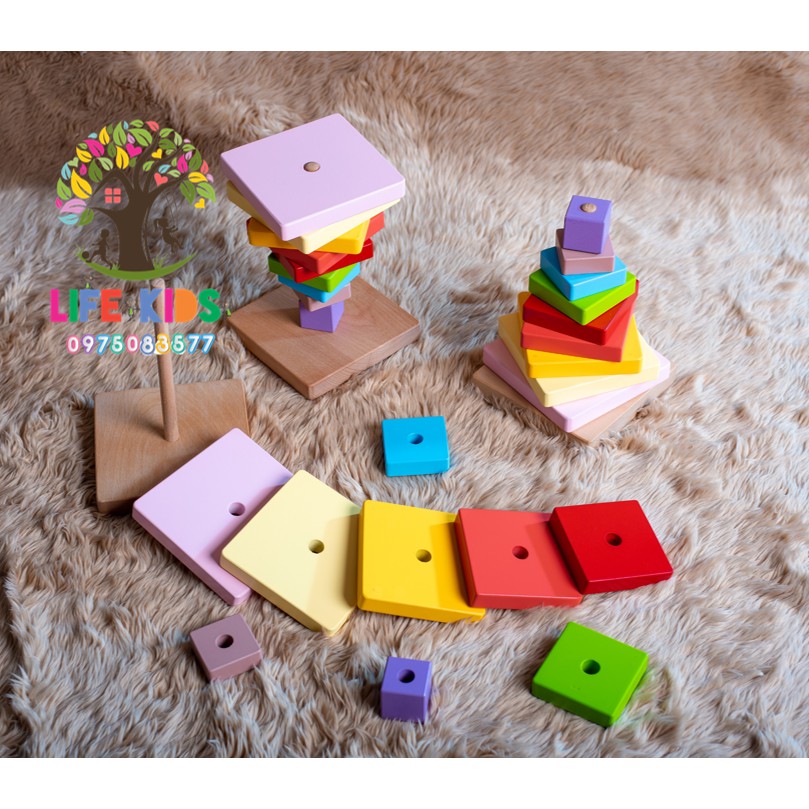 Giáo cụ montessori -Xếp hình cầu vồng- đồ chơi gỗ -kèm học liệu -kích thích tư duy, sáng tạo, an toàn - hàng xuat khau