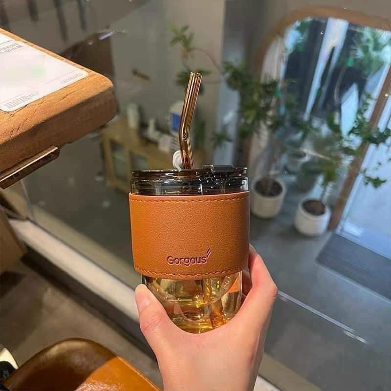 Cốc thuỷ tinh bọc da kèm ống hút 450ml