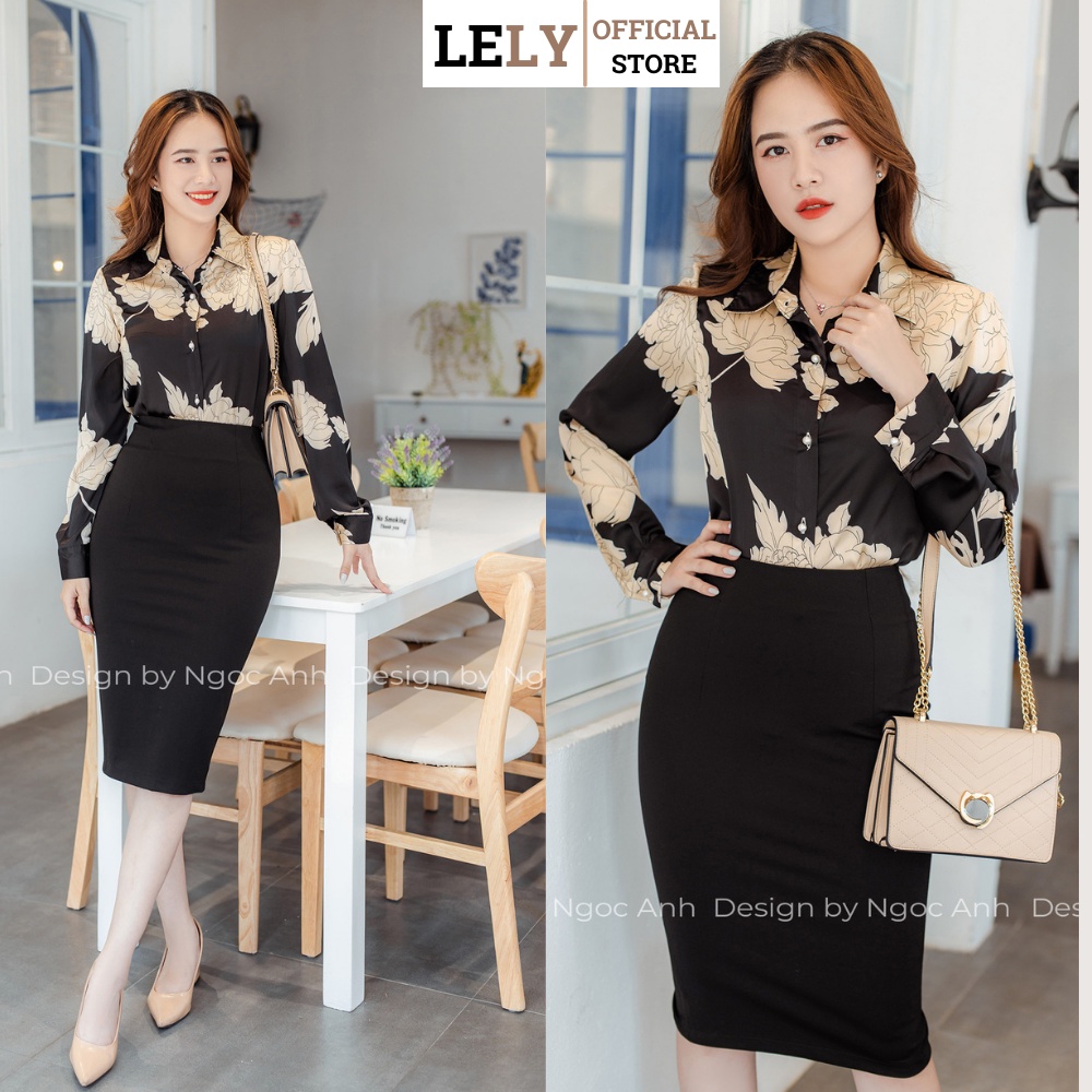 Áo sơ mi nữ Lely Fashion sơmi kiểu dài tay lụa cao cấp chuẩn thời trang công sở màu đen phối hoa bản to đẹp A413
