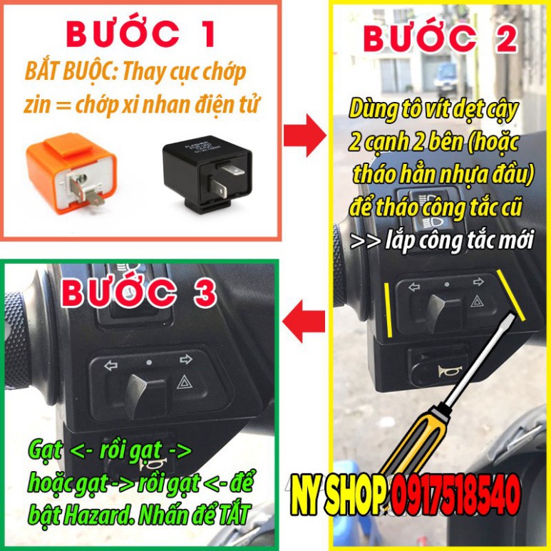 COMBO Công Tắc Xi Nhan Tích Hợp Ưu Tiên HAZARD Chế Các Loại Xe Honda, Yamaha