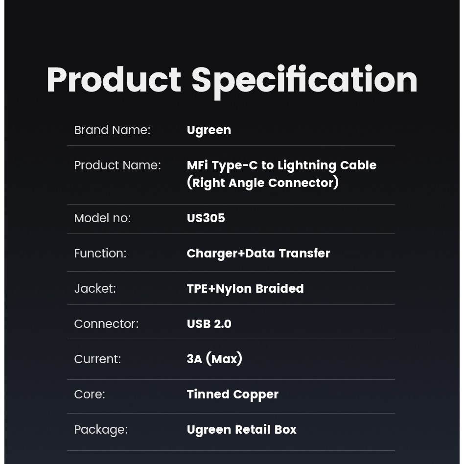 Dây cáp UGREEN bện nylon dạng góc 90 độ MFI cổng USB-C sang Lightning tùy chọn kích thước