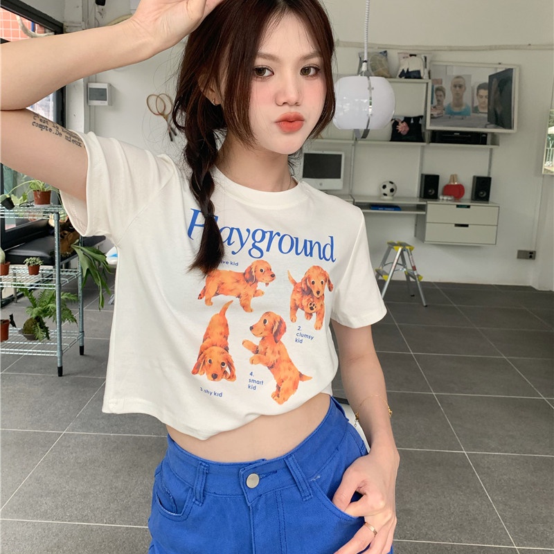 Áo Thun Crop Top Tay Ngắn Cổ Tròn In Hình Chú Chó Hoạt Hình Dễ Thương
