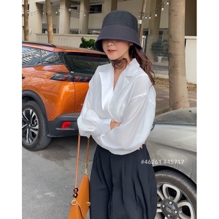 [RÁCH STORE] Áo sơmi crop - 1482 - cổ vest - 4nút lai - tay phồng