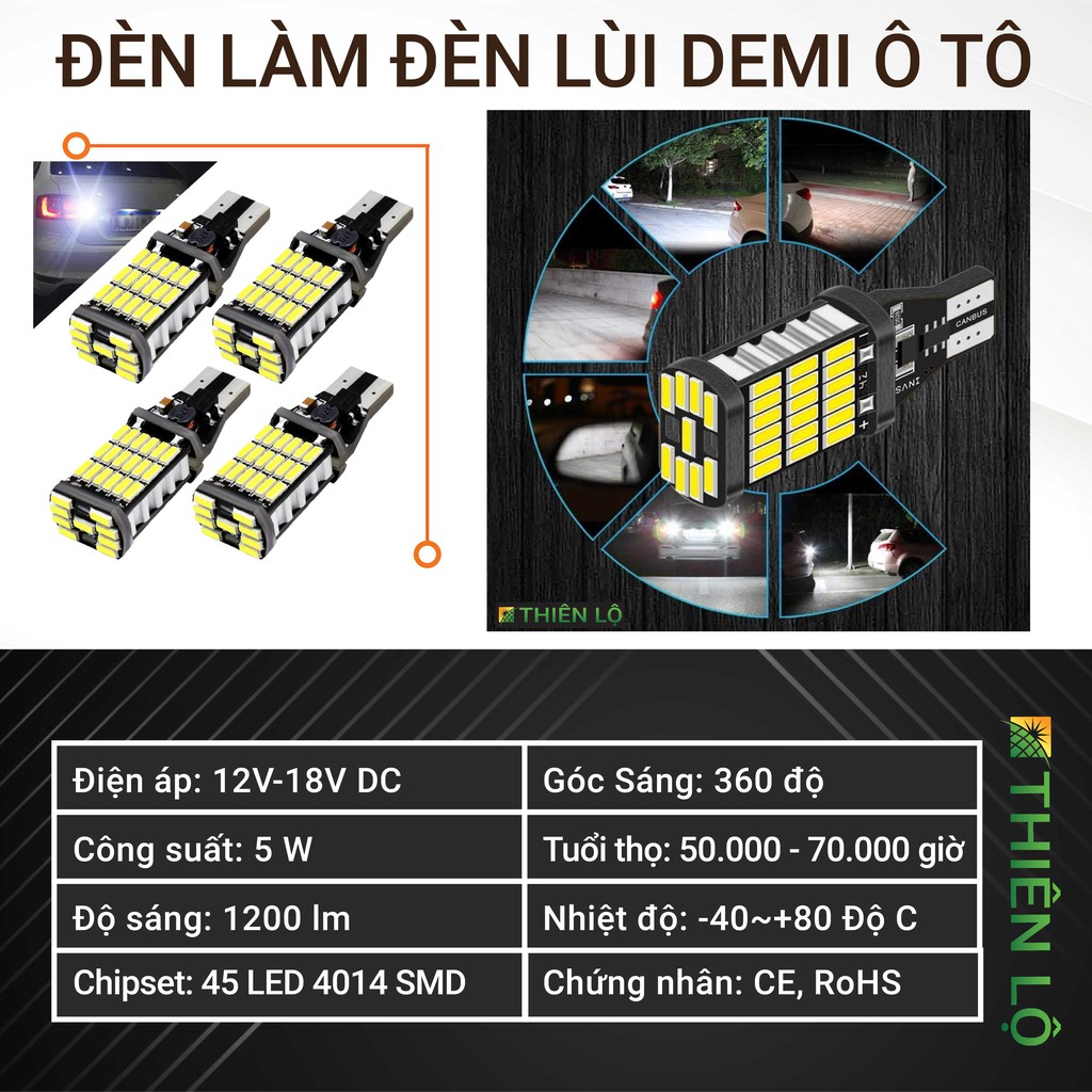 02 Bóng đèn LED T15 đèn lùi ô tô  W16W 921 45 SMD 4014 siêu sáng chân T10  tích hợp sẵn Canbus chống lỗi của Thiên Lộ