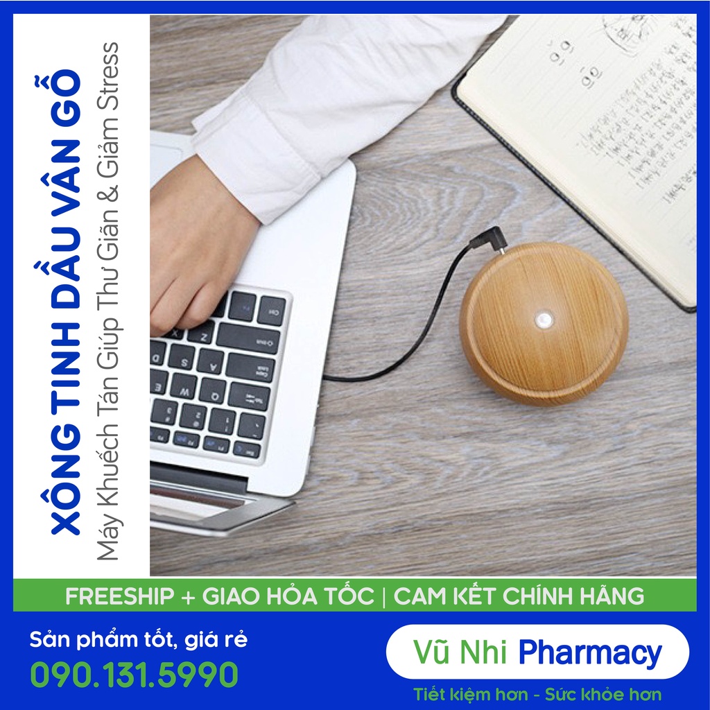 Máy phun tinh dầu mini phun sương tạo ẩm giá rẻ,Bình khuếch tán tinh dầu vân gỗ tròn 130ml,Tặng tinh dầu xanh 10ml