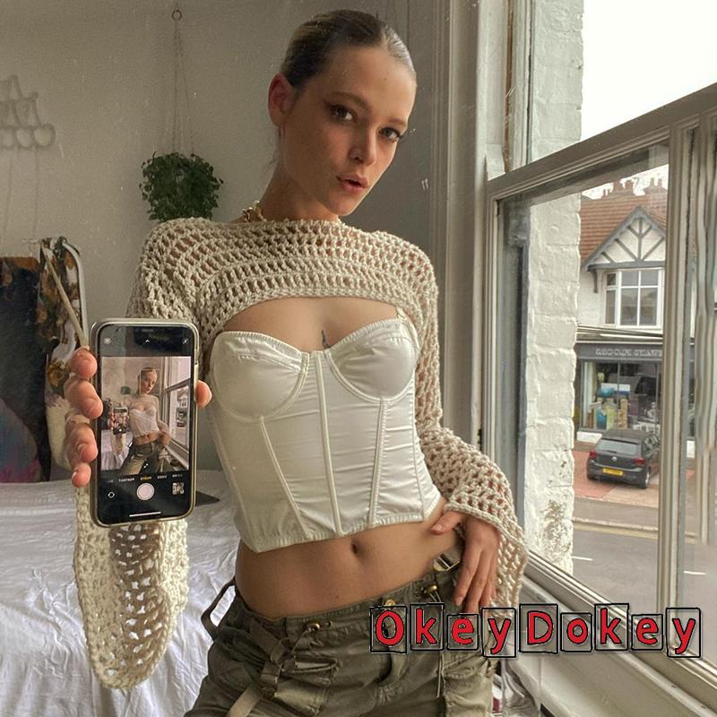 Áo Croptop Dệt Kim Tay Loe Phong Cách Cổ Điển Thời Trang Harajuku 90s 00s Grunge2K Cho Nữ
