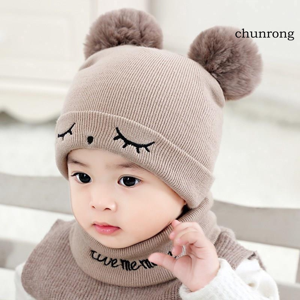 1 Set Mũ beanie + Khăn Choàng Cổ + Bóng Lông Màu Trơn Chống Gió Cho Bé