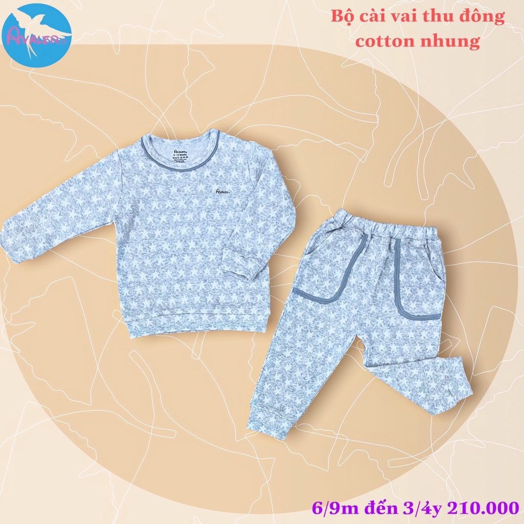Avaler bộ dài tay cài vai cotton nỉ nhung dày mềm cho bé trai/ bé gái (9-36 tháng)
