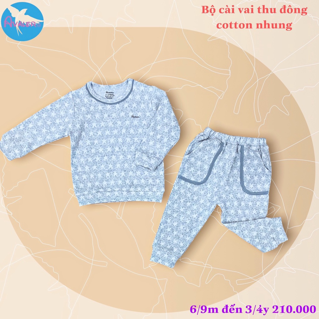 Avaler bộ dài tay cài vai cotton nỉ nhung dày mềm cho bé trai/ bé gái (9-36 tháng)