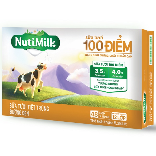 Thùng 48 hộp NutiMilk Sữa tươi 100 điểm - Sữa tươi tiệt trùng 110ml (Có đường, ít đường, Đường đen, Không đường)