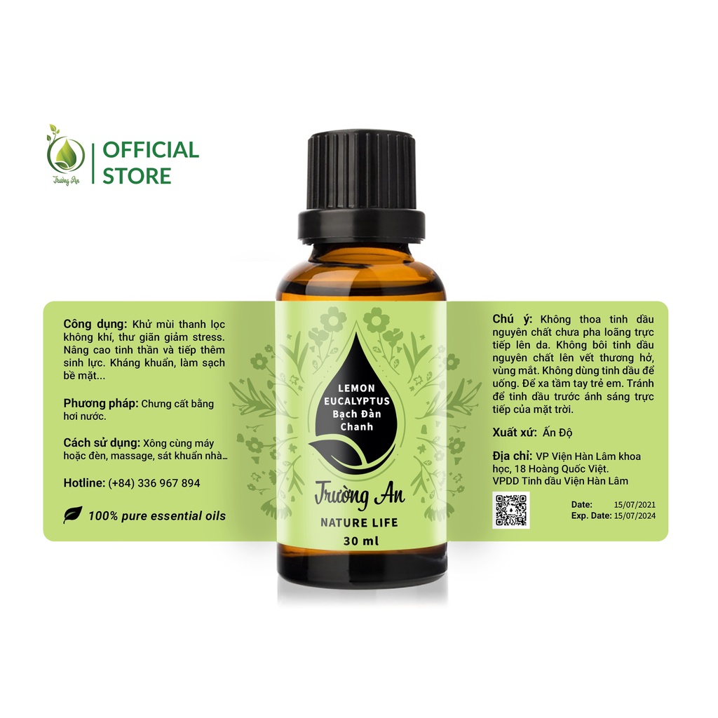 Tinh dầu Bạch Đàn Chanh Lemon Ẹucalyptus Essential Oil Trường An, xuất sứ thiên nhiên, có giấy kiểm định COA