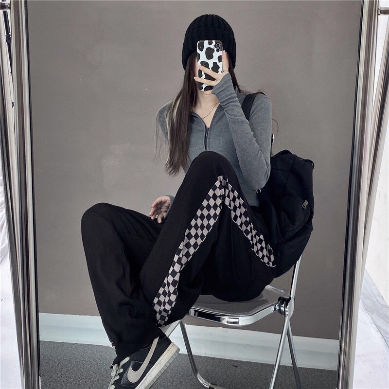 Quần suông có dây rút ống viền Bàn cờ_Quần nam nữ unisex