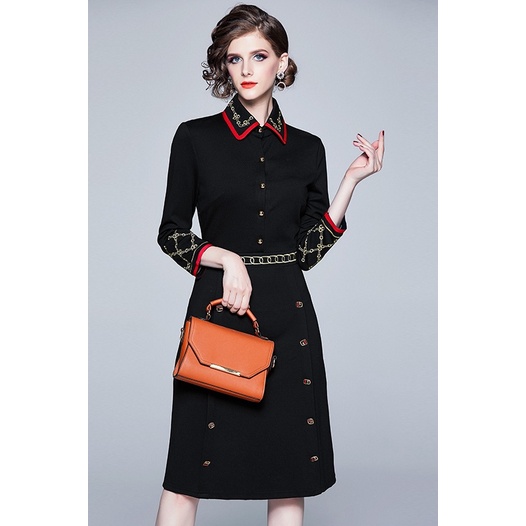 Đầm Midi Cài Nút Thêu Họa Tiết Phong Cách Vintage Chất Lượng Cao Cho Nữ