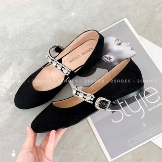 Giày bệt da lộn mũi tròn quai ngang đính hạt
