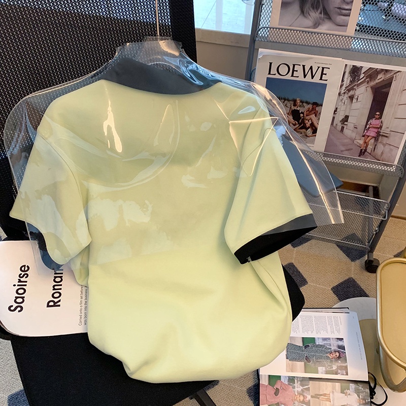 NRVP Áo thun nữ cổ bẻ ngắn tay dáng rộng in họa tiết phong cách Hàn Quốc