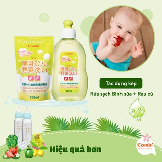 Combo Chai + Túi dung dịch rửa bình sữa và rau quả Combi