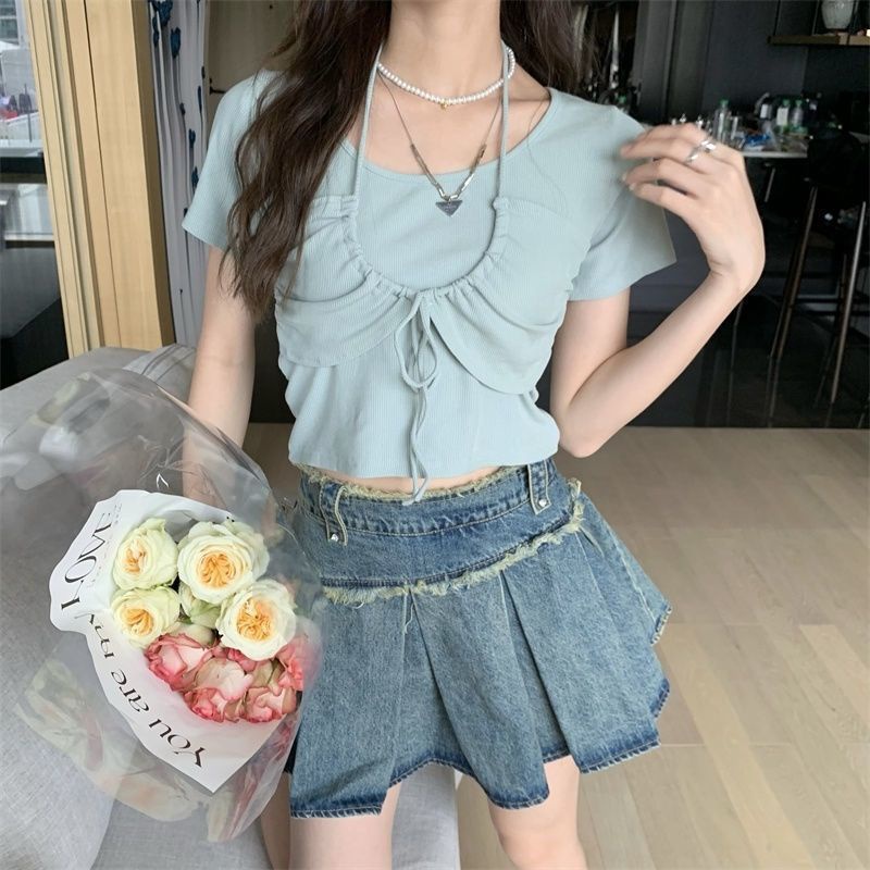 ANTUSON Áo Thun Ngắn Tay Cổ Yếm Phong Cách Hàn Quốc Thời Trang Dành Cho Nữ