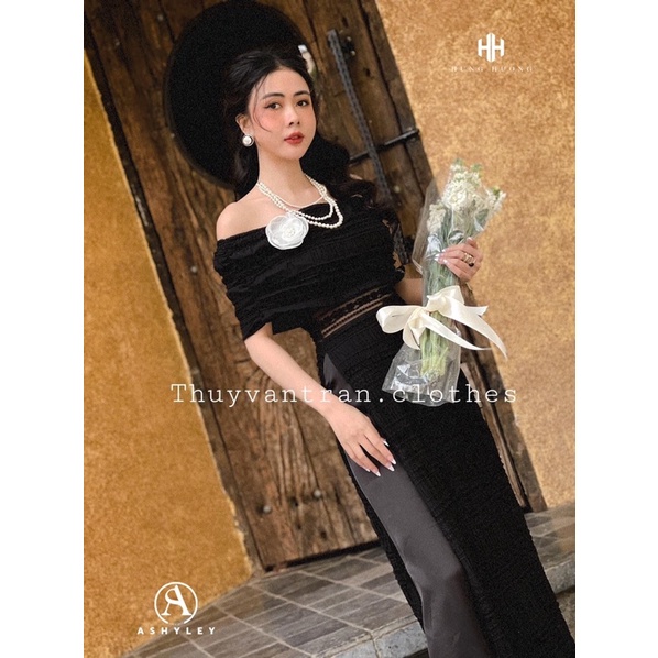 Set áo dài ren trễ vai mix quần suông ASHLEY