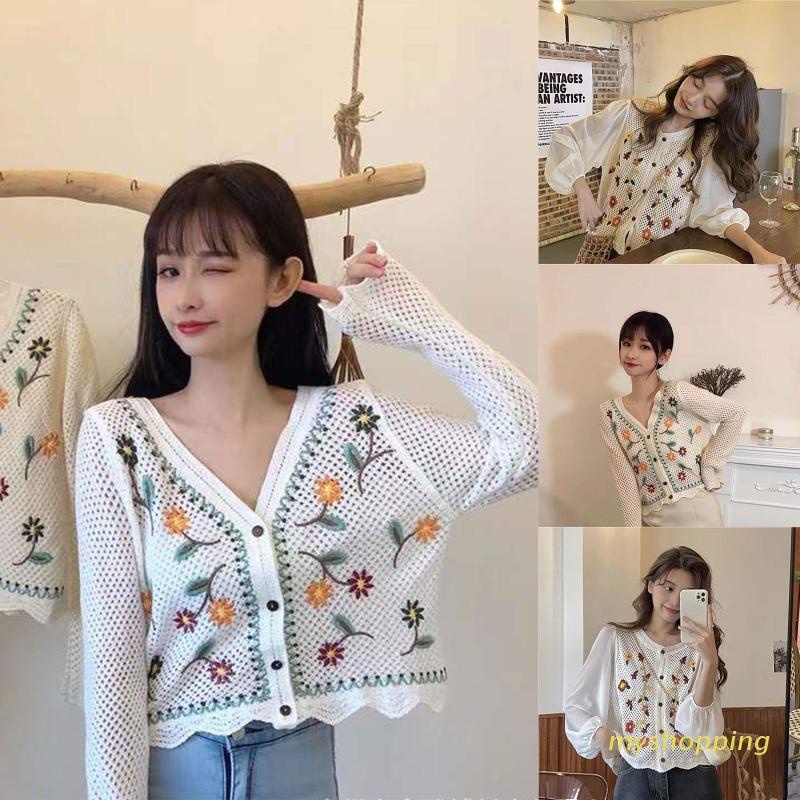 Áo Khoác Cardigan Dệt Kim Tay Dài Có Nút Cài In Hình Hoa Dành Cho Nữ
