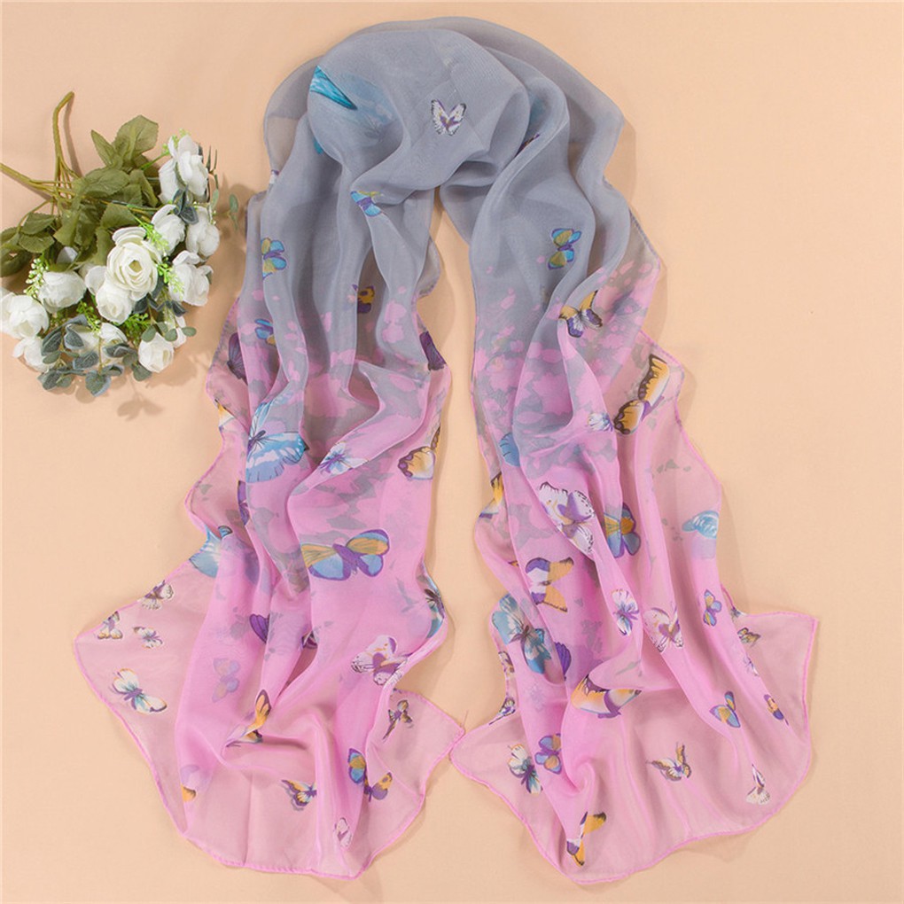 Khăn choàng chất liệu chiffon mỏng nhẹ có in hình bướm kết hợp phối màu thời trang cho nữ
