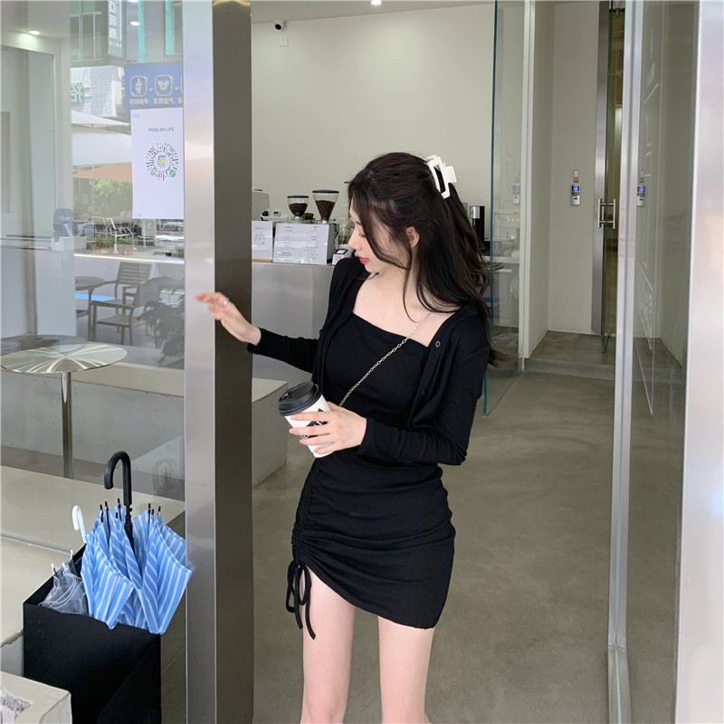 Váy 2 Dây Body Dây Rút Trơn Kèm Khoác LSEOUL V1203 Thoáng Mát Nữ Tính Năng Động