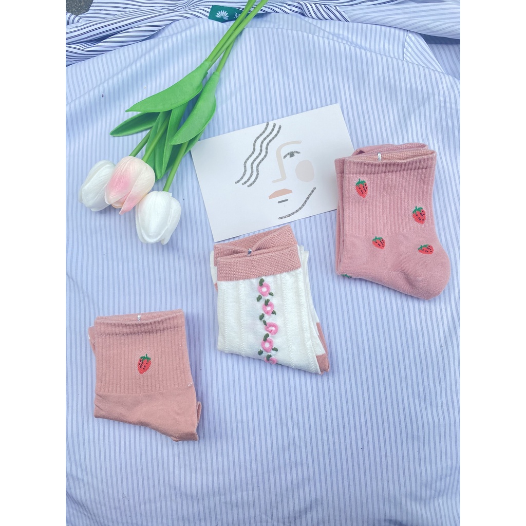 Tất cổ cao Muzini vớ nữ tone hồng in hoạt tiết hoa nhẹ nhàng cực đẹp TN212