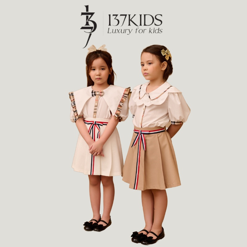 Chân váy xếp ly chữ A bé gái thiết kế 137Kids phối kẻ cạp lưng chun co giãn