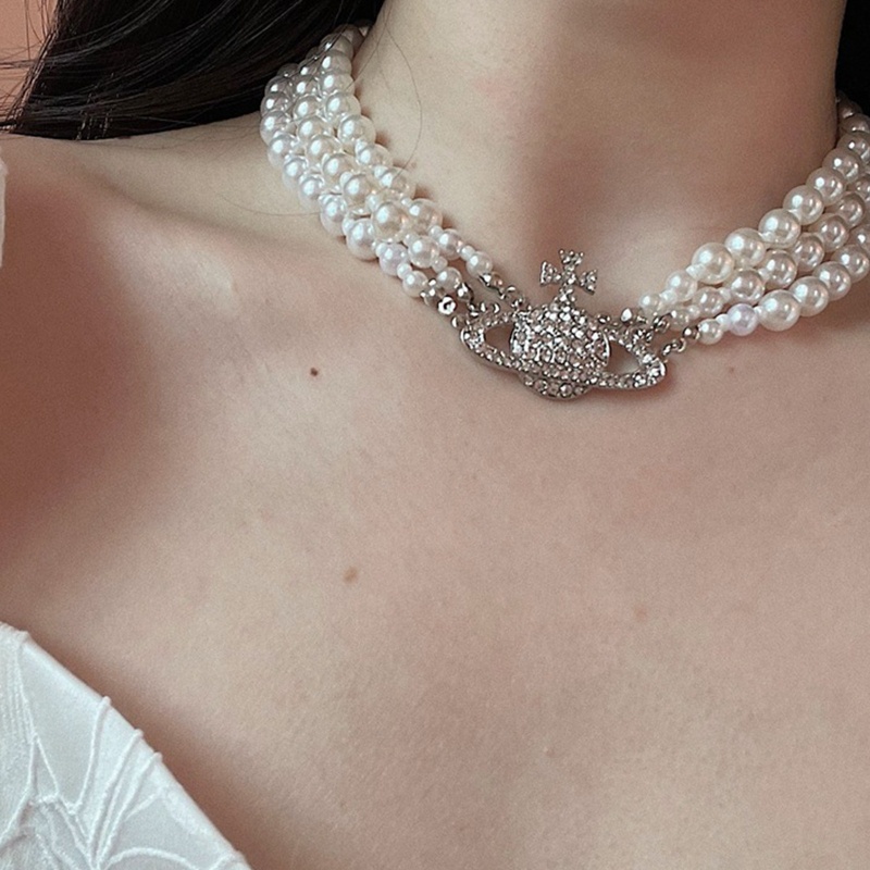 Wmmb Vòng Cổ Choker Nhiều Lớp Đính Hạt Ngọc Trai Và Hành Tinh Đính Đá Phong Cách Baroque Colla