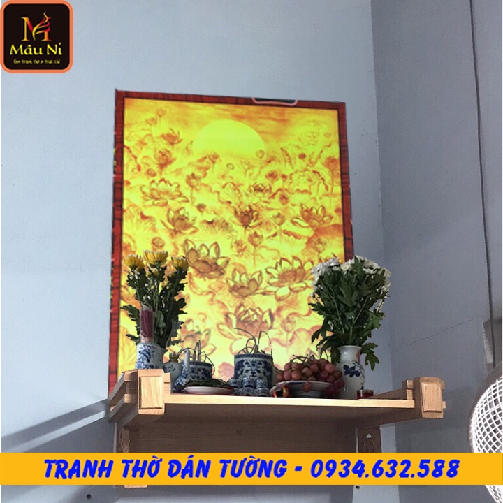 [TRANH THỜ bàn thờ thần tài] - kt 61cmx81cm - sen hội tụ tỏa dọc  - dán phòng thờ, vách thờ, bàn thờ, tượng thờ