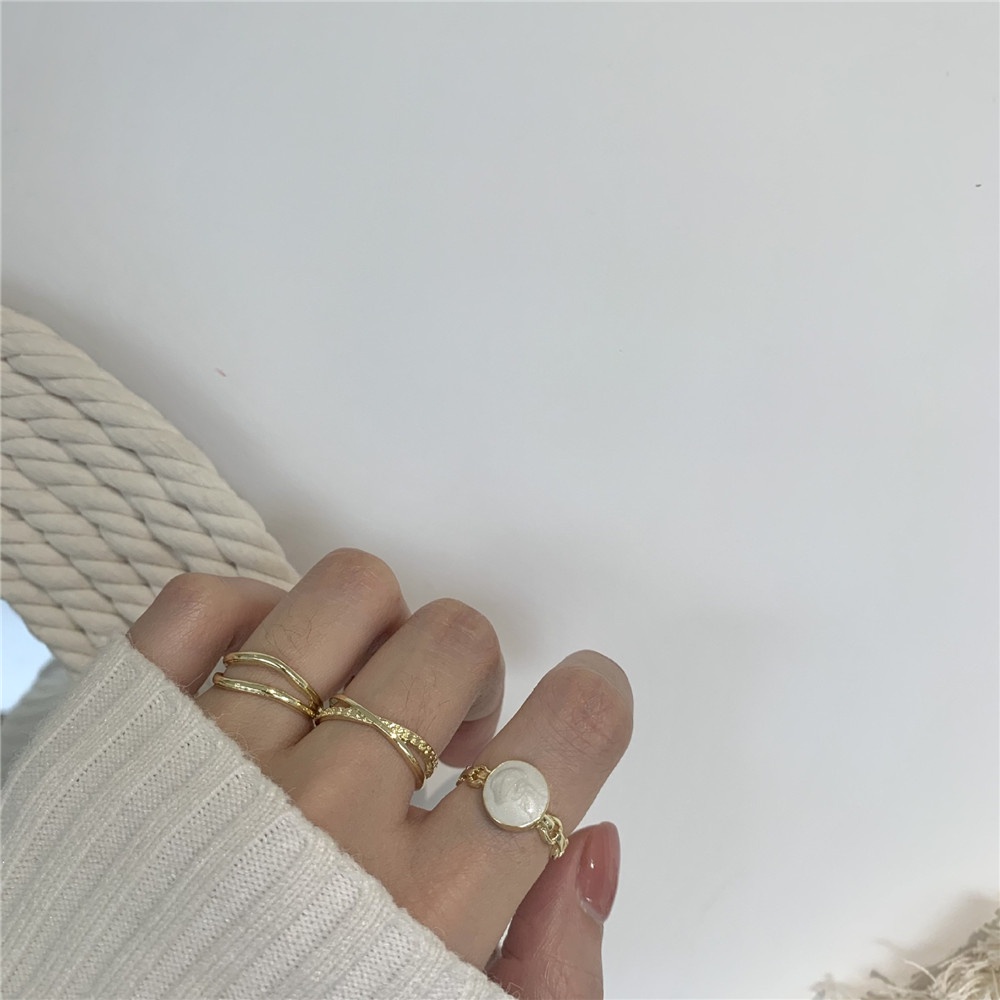3 nhẫn đeo tay bằng kim loại thiết kế hình học đính đá thời trang cho nữ