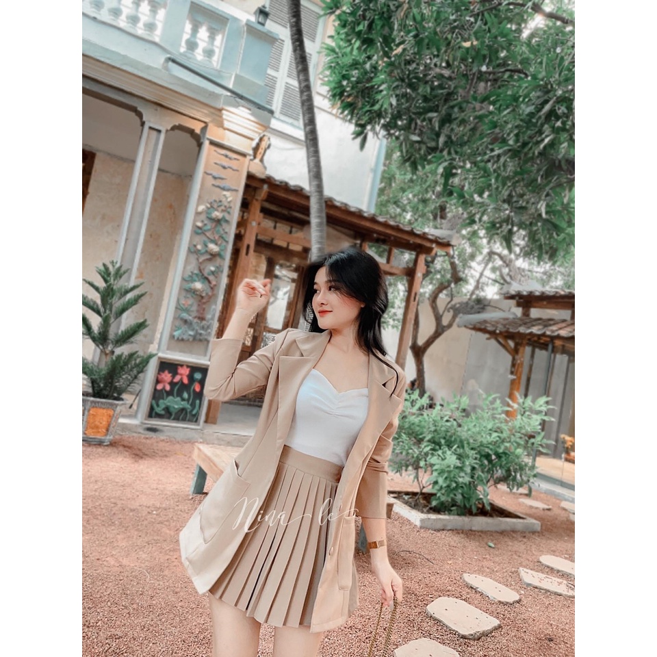 Sét váy nữ 3 món áo vest ngoài lot trong 2 dây mix chân váy dập ly trẻ trung, sang chảnh thời trang nữ cho nàng công sở