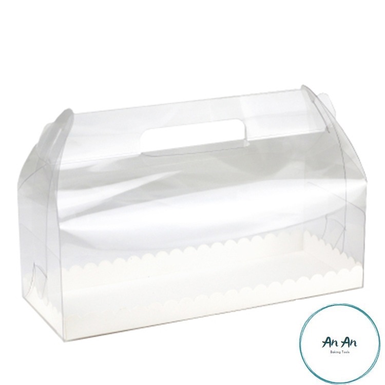 Hộp đựng bánh cuộn bằng mica đế trắng có quai cầm