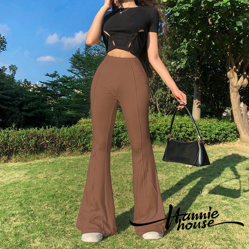 Quần ống loe lưng cao chất liệu co giãn thời trang cho nữ