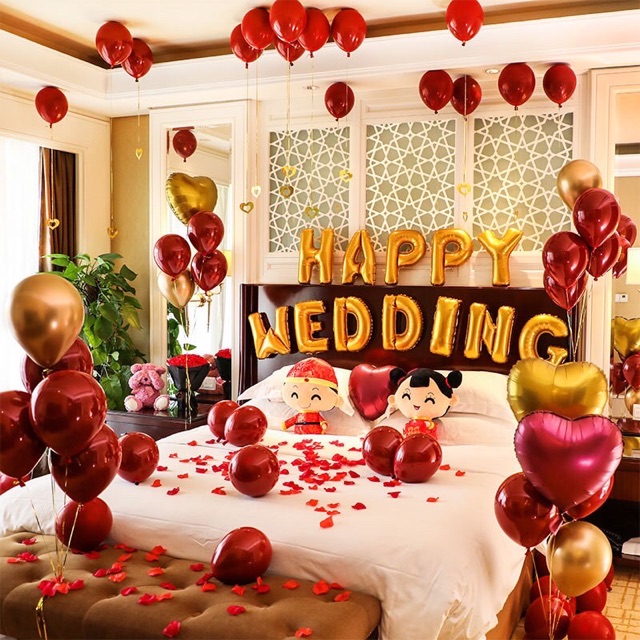 [Tặng 100 Cánh Hoa Hồng] Sét Bóng Happy Wedding Trang Trí Phòng Cưới Tông Đỏ vàng/ Bạc