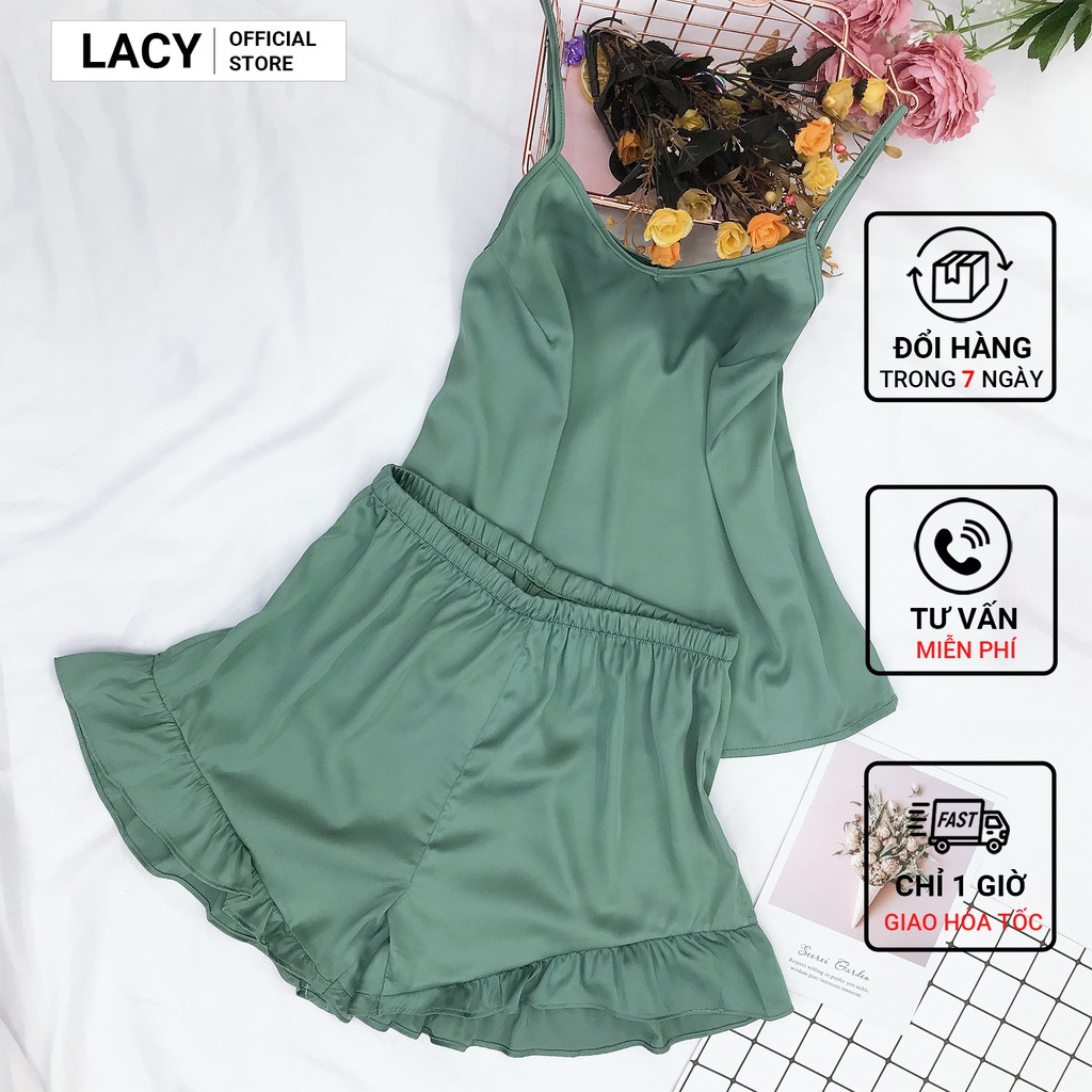 Bộ Đồ Ngủ Nữ Lụa Pháp Mát Mềm Cao Cấp 2 Dây Cổ V Quần Xếp Ly Xòe Nữ Tính N248 Lacy