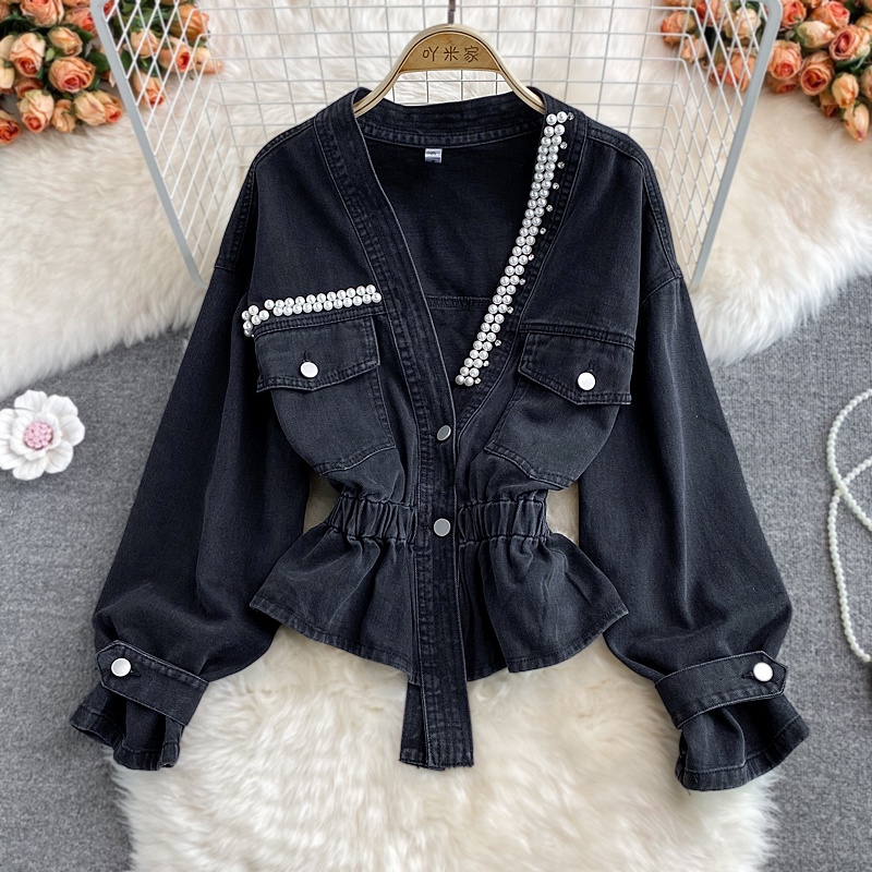 Áo khoác denim cổ V, áo khoác bò nữ đính cườm A1247
