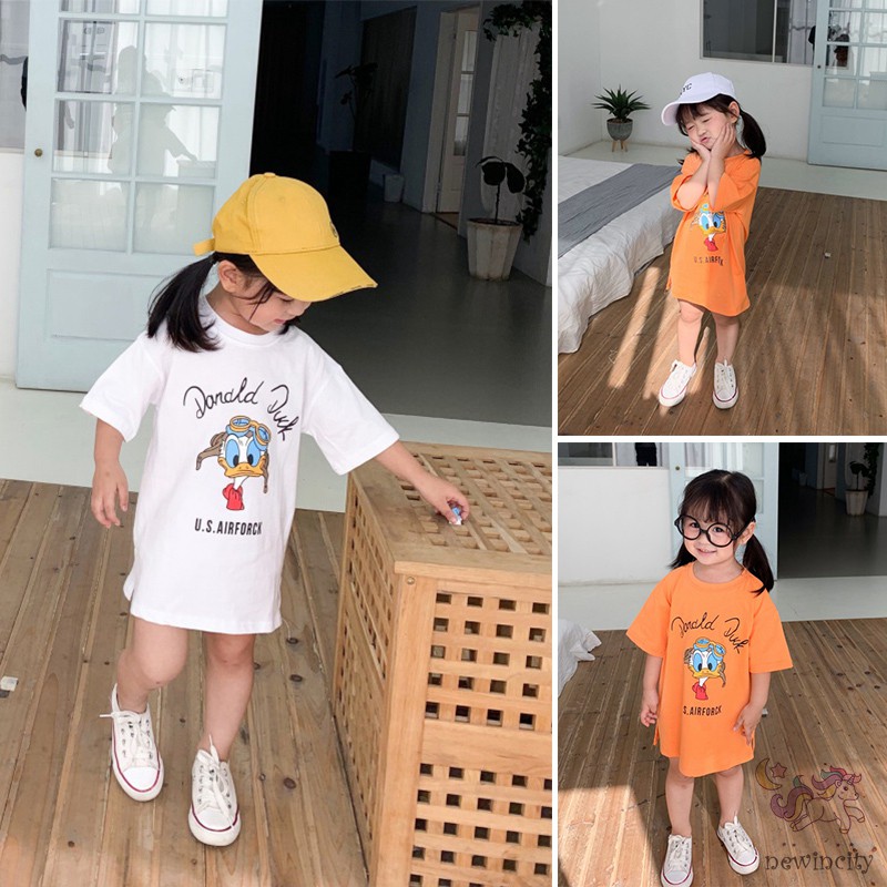 Đầm Thun Dài Tay In Hình Vịt Cho Bé